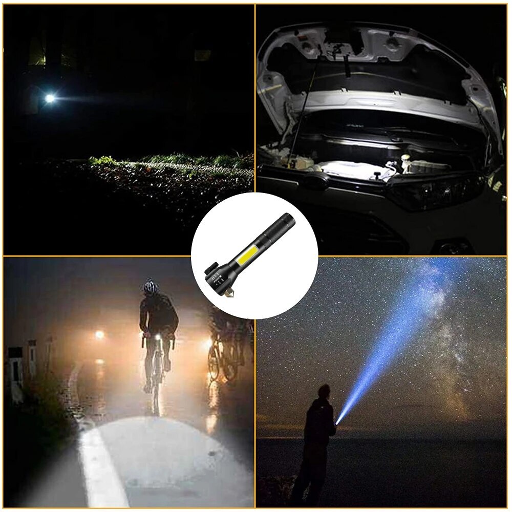 Multifunctional 4 in 1 Self-defense Flashlight Powerful LED+COB Waterproof