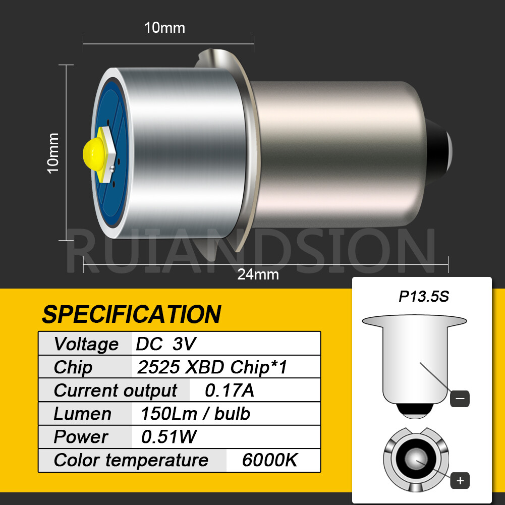 DC 3V 4.5V 6-24V P13.5S PR2 LED Bulb Maglite Torch Flashlight Replace Lamp White