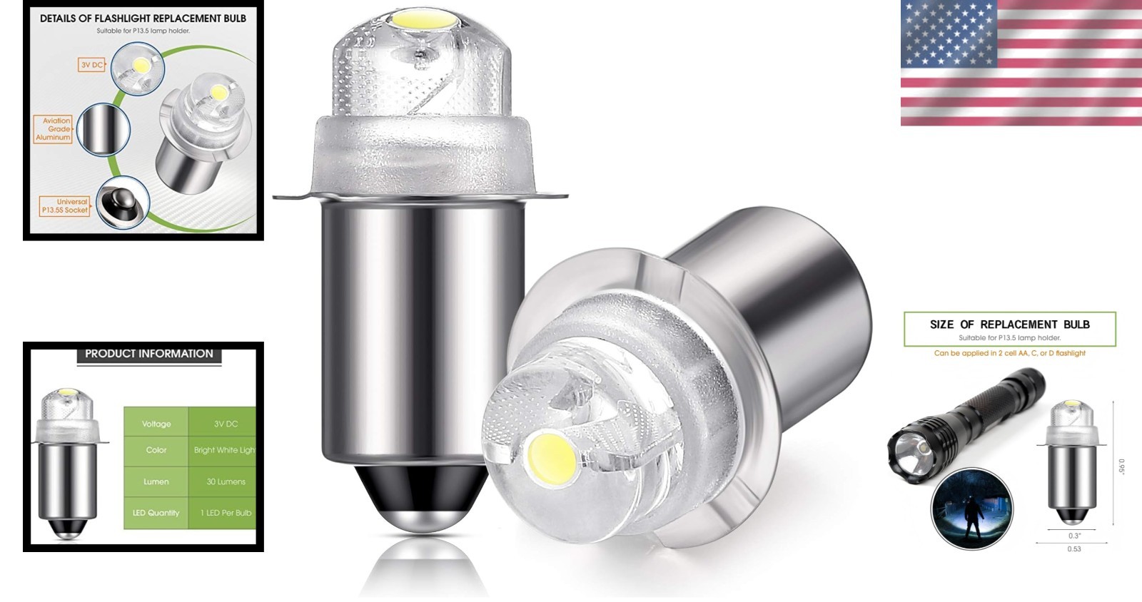 30 Lumen 3-Volt LED Torch Bulbs – Compact Size with 10 Lifespan (2-Pack)