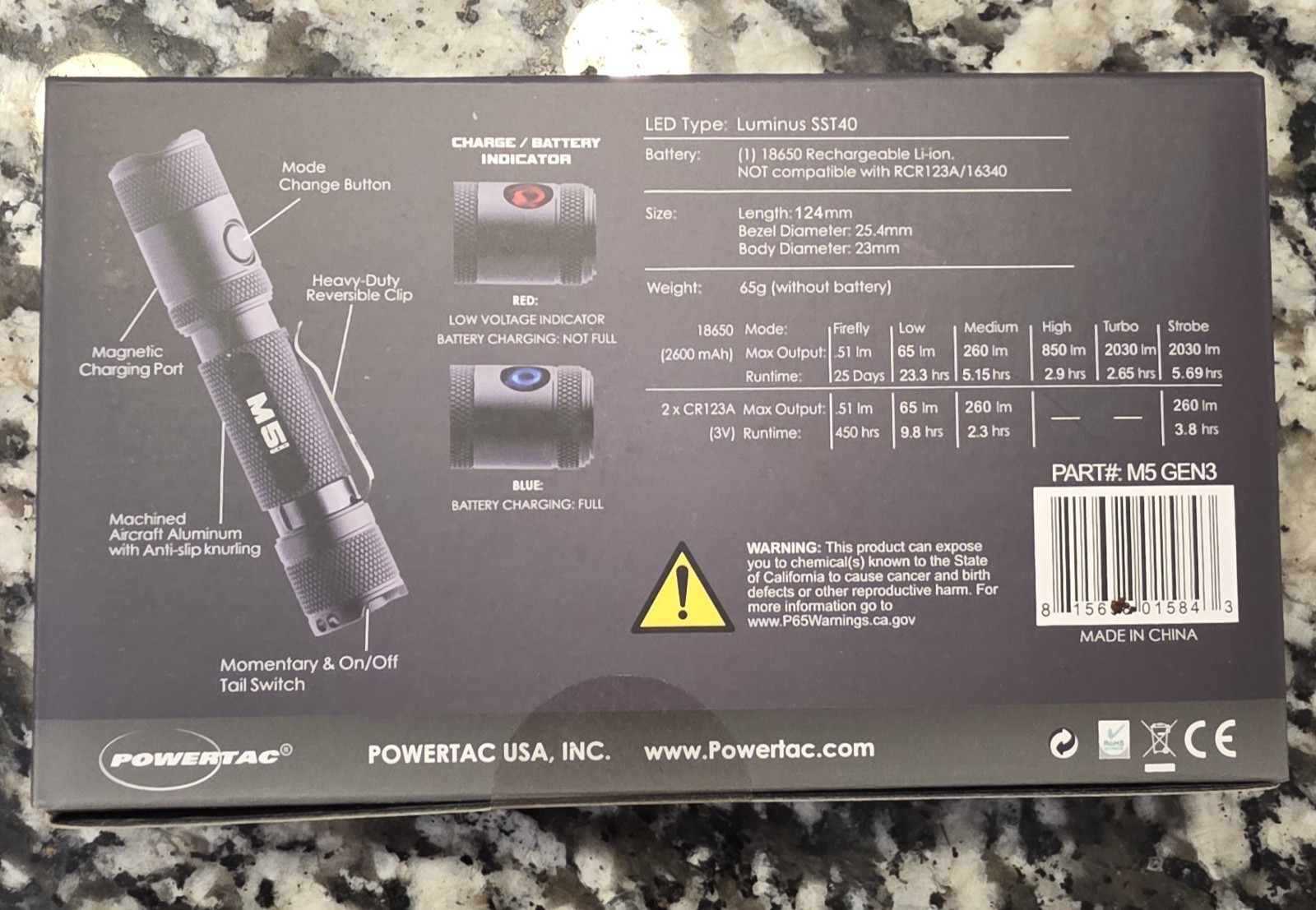 PowerTac M5 GEN3 2030 Lumens Rechargeable LED Flashlight, Magnetic Charging