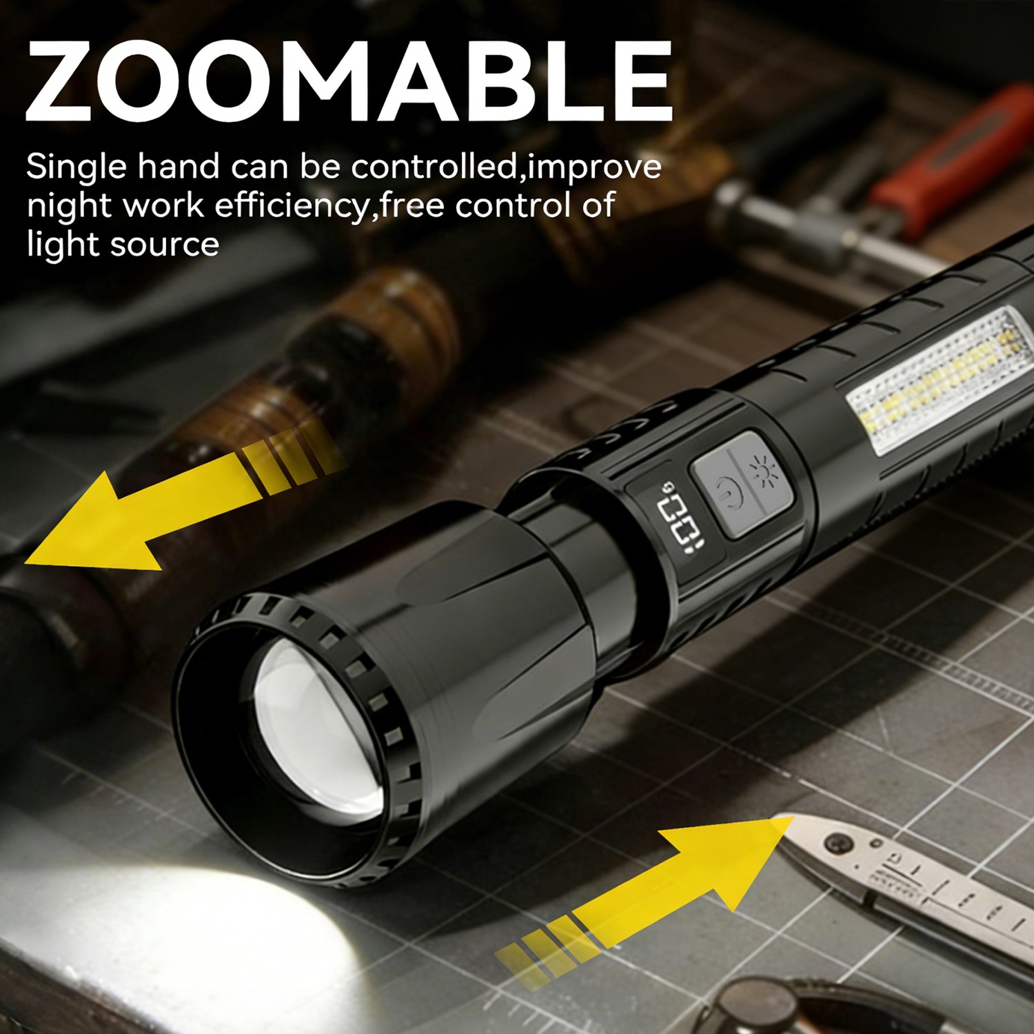 Super Bright Zoomable LED Flashlight,3 modes, Dual-button independent control