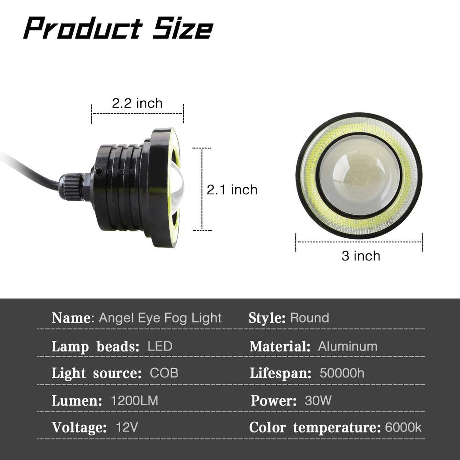 2PCS Super Bright 3″ Projector Universal LED Fog Light 12V 10W White COB Halo…