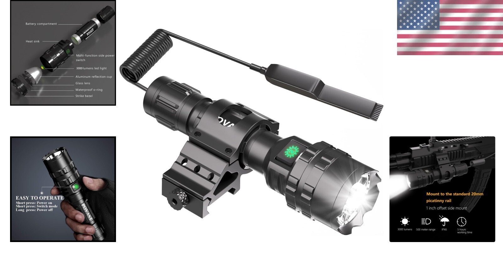 Durable Matte Black Tactical Flashlight – 500m Range, 5 Modes, USB Rechargeable