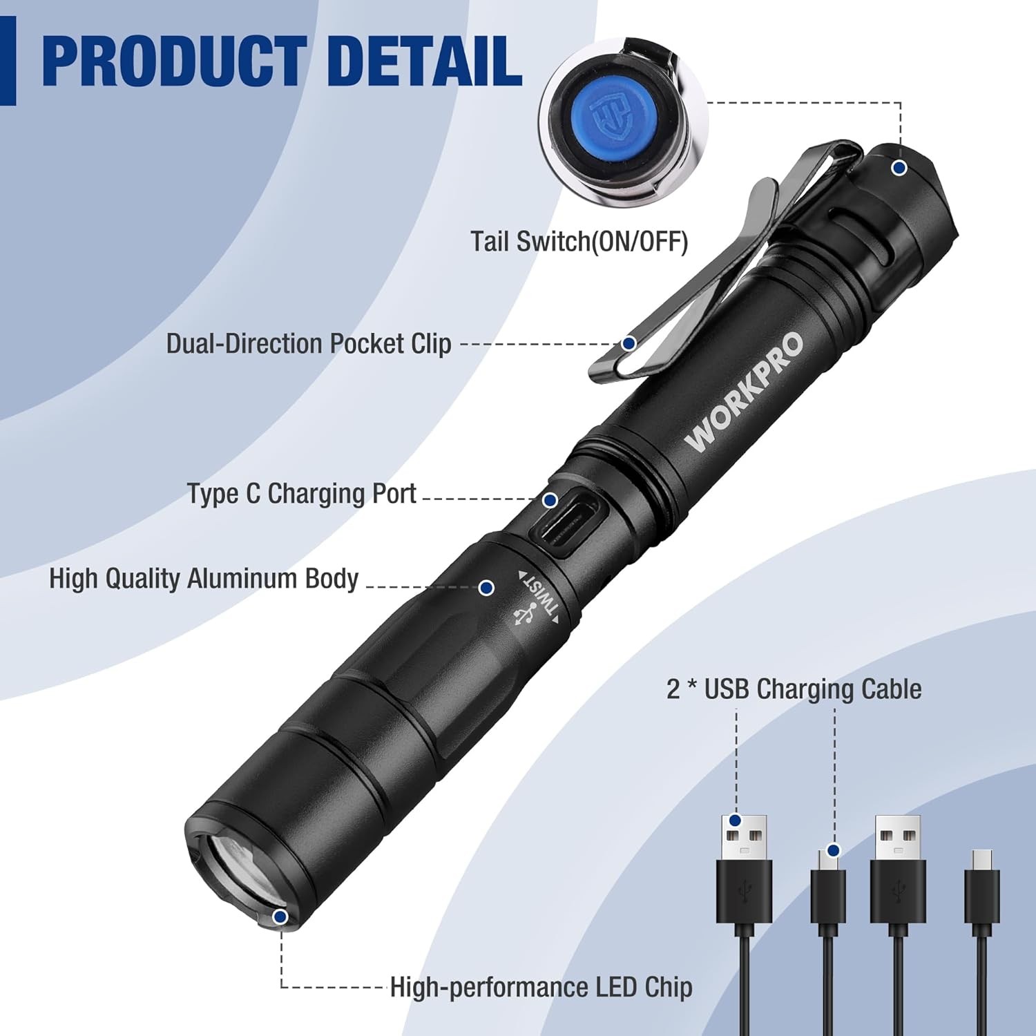 Mini Rechargeable Pen Light Flashlight 2 Packs Pocket Flashlight 2 x USB C Cable