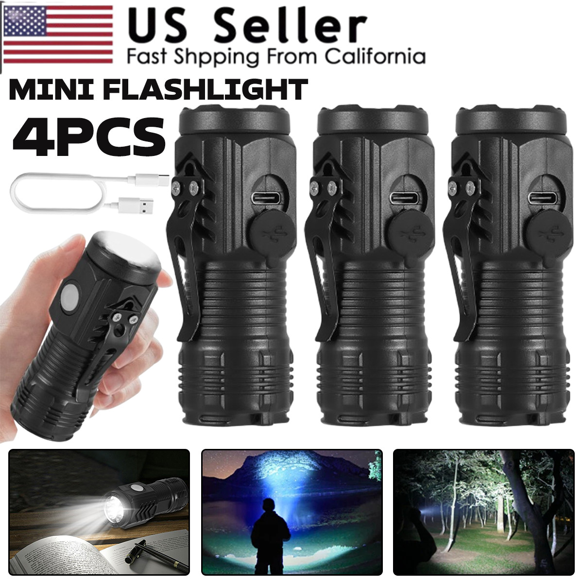 4 x Super Bright LED Torch Tactical Flashlight Camping Outdoor Lamp Rechargeable
