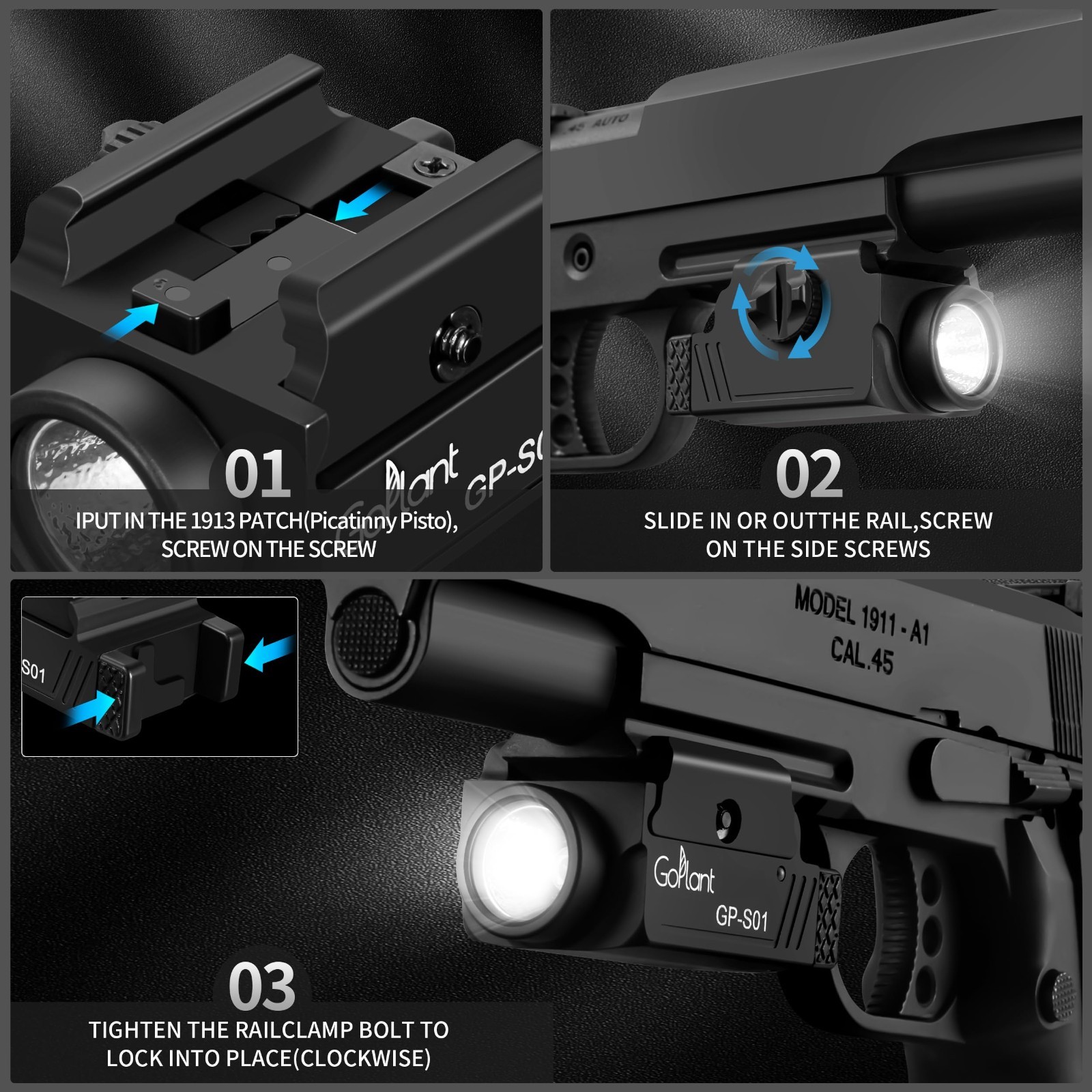 1350 Lumens LED Compact Weapon Light, Rail-Mounted Handgun Flashlight, Rechargea