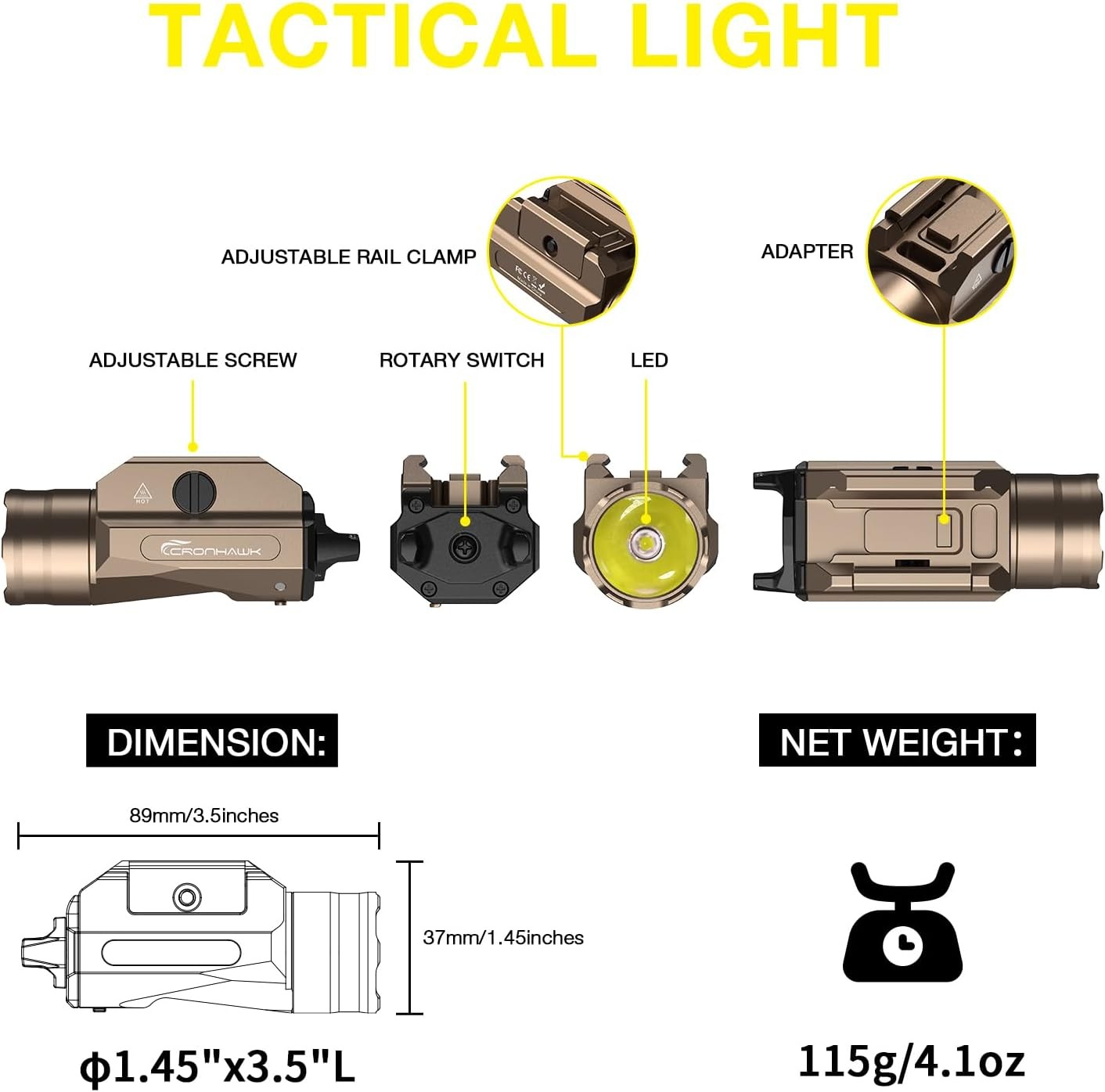 Rechargeable LED Rail Flashlight 1350 Lumens Picatinny Mount FDE