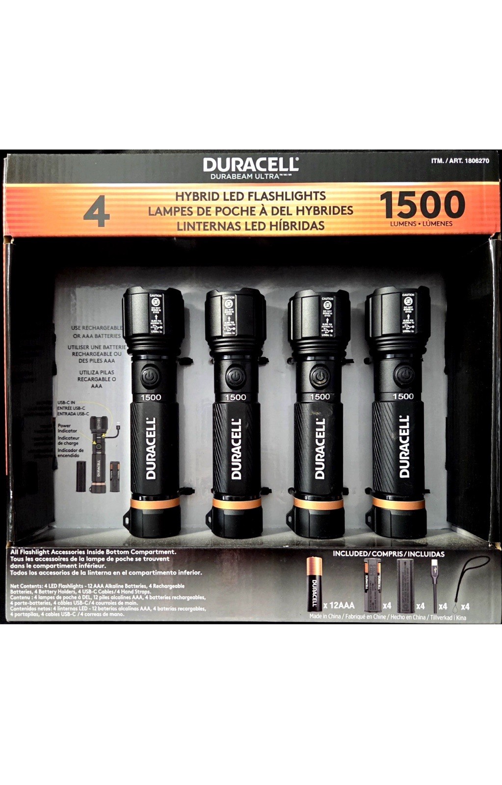 Duracell Durabeam Ultra Hybrid LED Flashlights 1500 Lumens Rechargeable 4 Pack