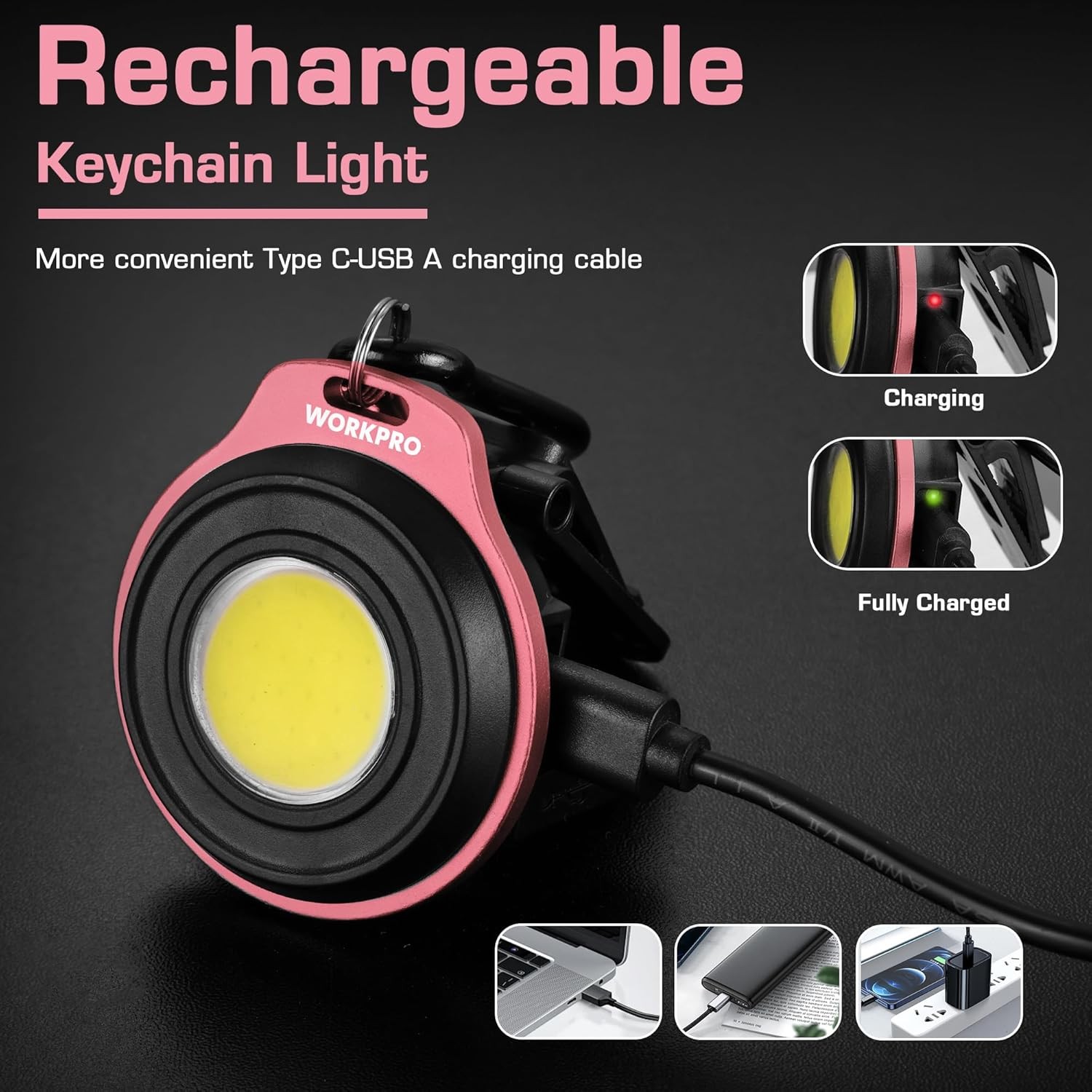 WORKPRO Rechargeable Magnetic Flashlight COB Keychain Work Light Hat Clip 3 Mode