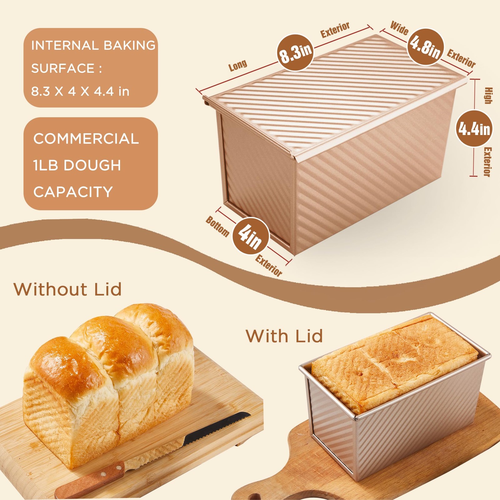 KITESSENSU Pullman Loaf Pan with Lid, 1 lb Dough Capacity 1 lb, Gold