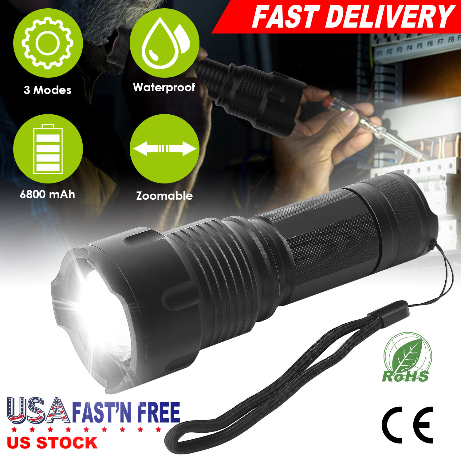 LED Rechargeable Flashlight Zoomable Flashlight w/High Low Strobe Night Light US