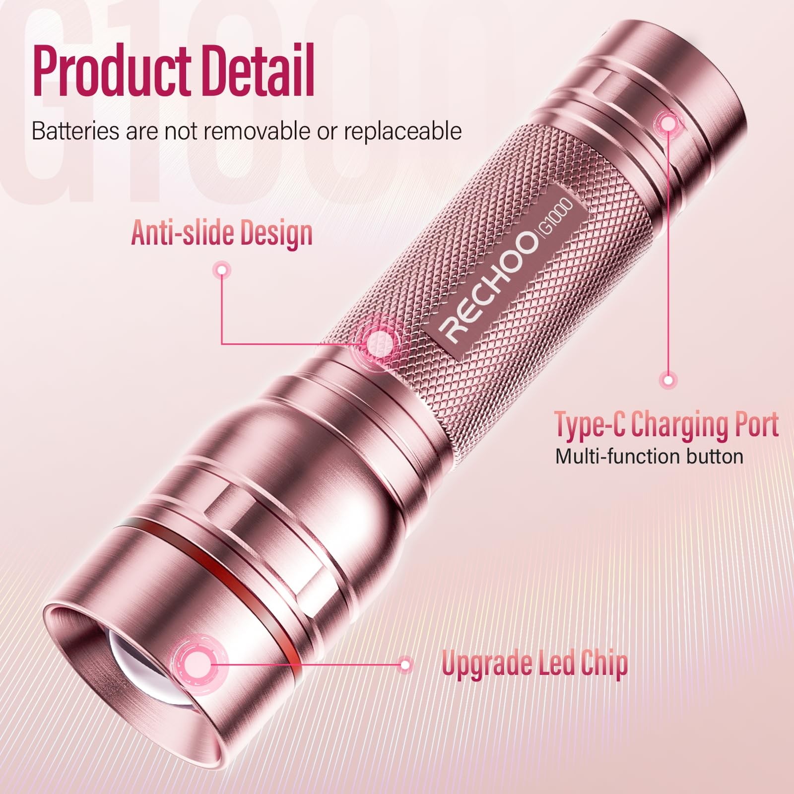 Flashlight Rechargeable High Lumens, G1000 Super Bright 1 Pack, Rose Pink