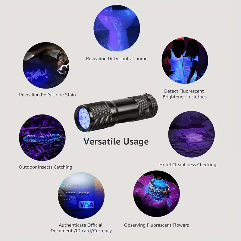UV 9 LED Pocket Black Light Vaseline Glass Detect Stain Urine Semen Lice Bed Bug