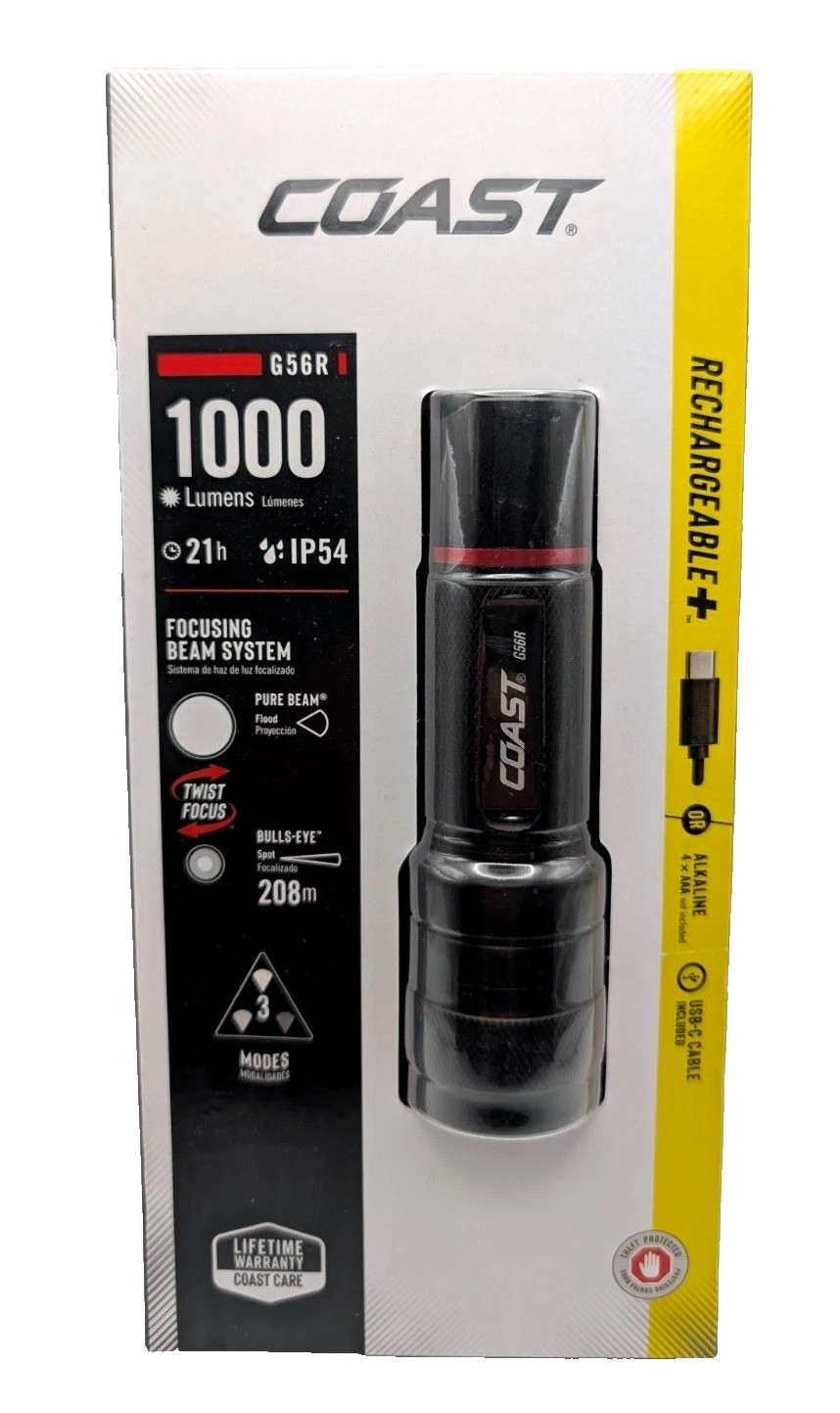 COAST G56R 1000 Lumens Rechargeable Dual Power IP54 Pure Beam 3 Modes NEW