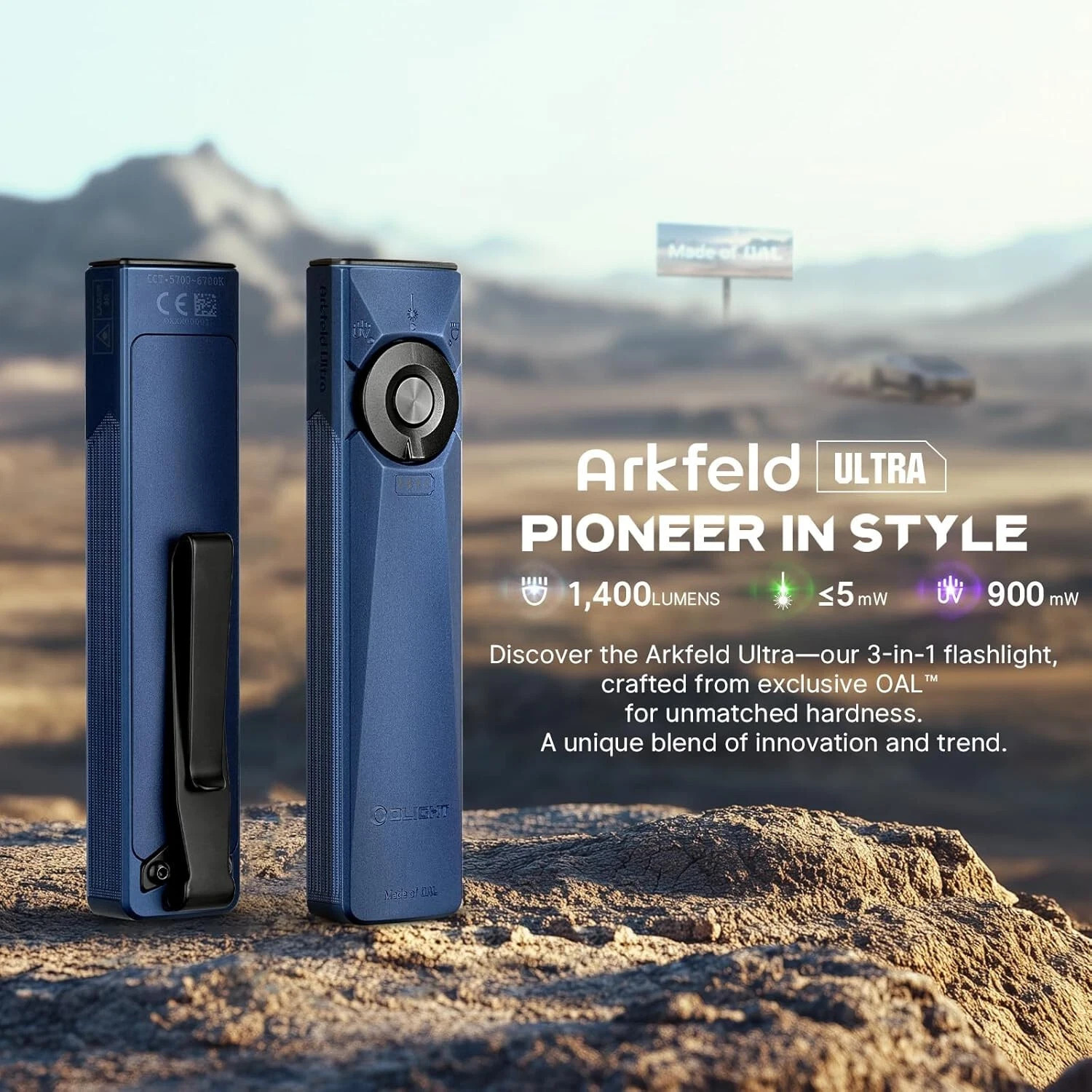 Olight Arkfeld Ultra 1400 Lumen EDC Flashlight with CW LED Light, UV, Laser Blue