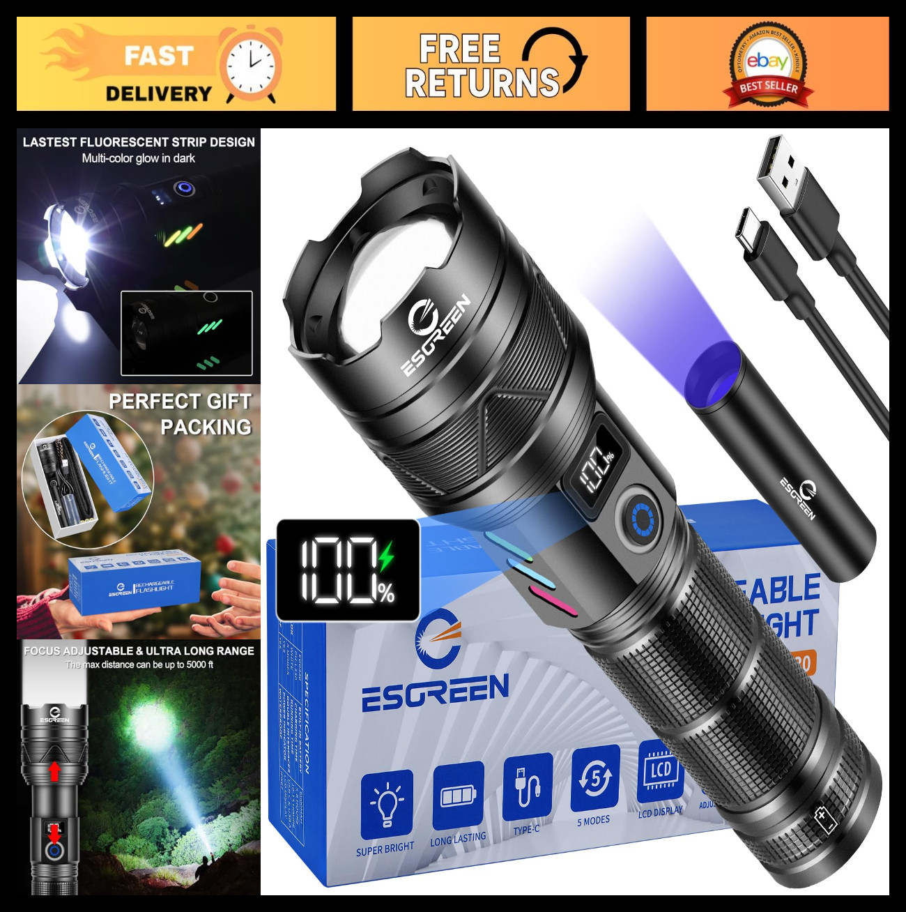 Super Bright Rechargeable Flashlight 100000 Lumens, Long Range 5000ft, USB-C LED