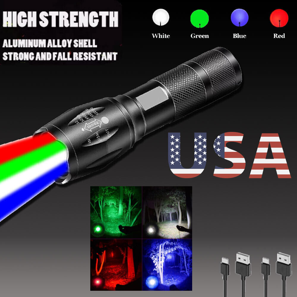 4 in 1 Multicolor flashlight Zoom White Red Green Blue Light, Hunting Flashlight