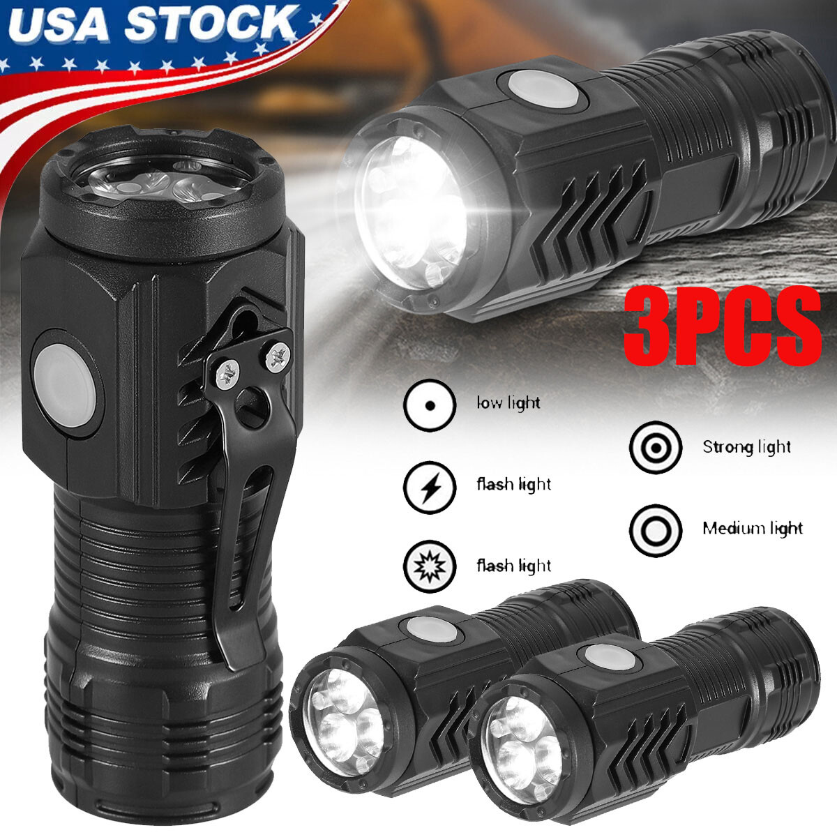 3x LED Tactical Flashlight Mini USB Rechargeable Super Bright Lamp 5 Modes Light