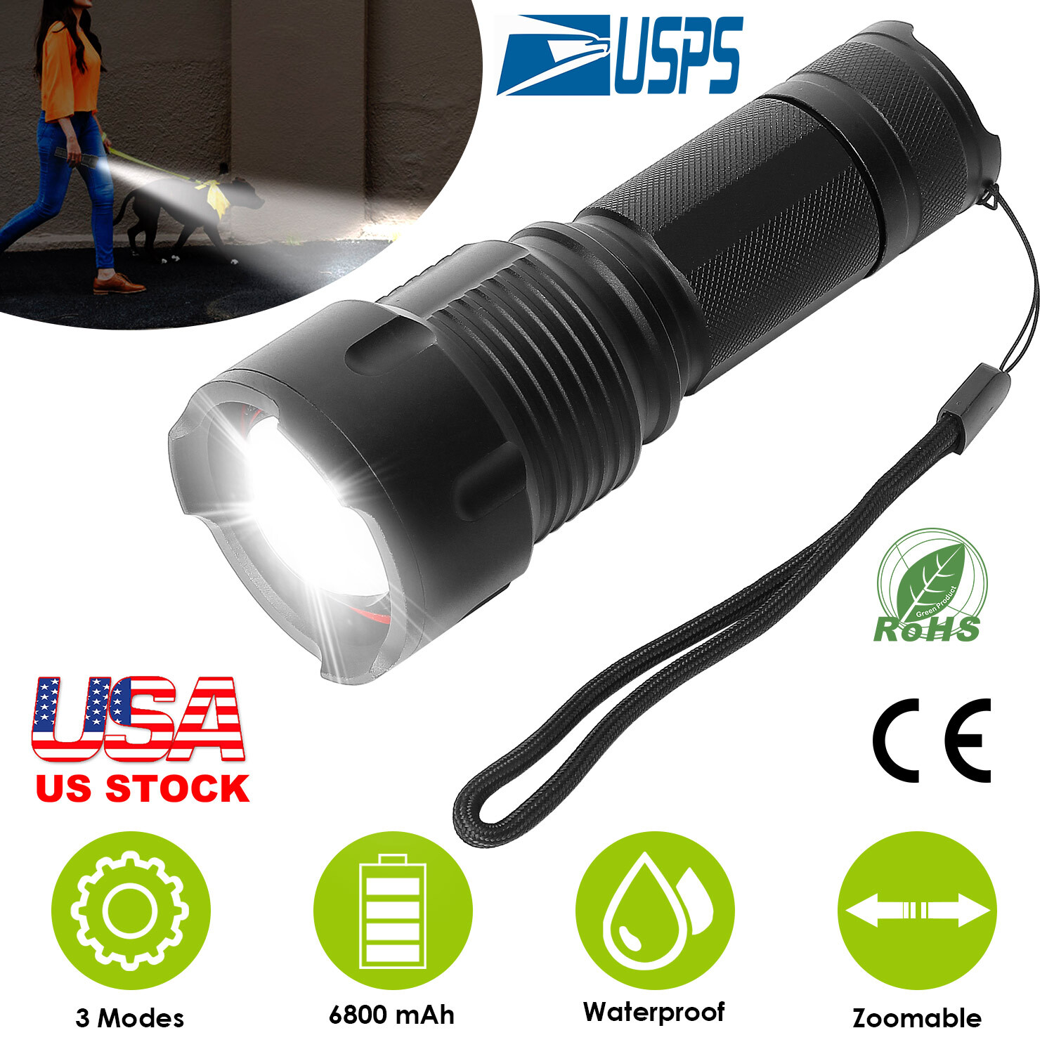 2000LM Rechargeable Flashlight Tactical Zoomable High Low Strobe Torch Aluminum