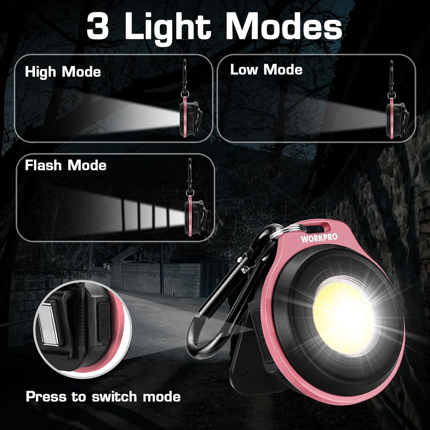 WORKPRO Rechargeable Magnetic Flashlight COB Keychain Work Light Hat Clip 3 Mode