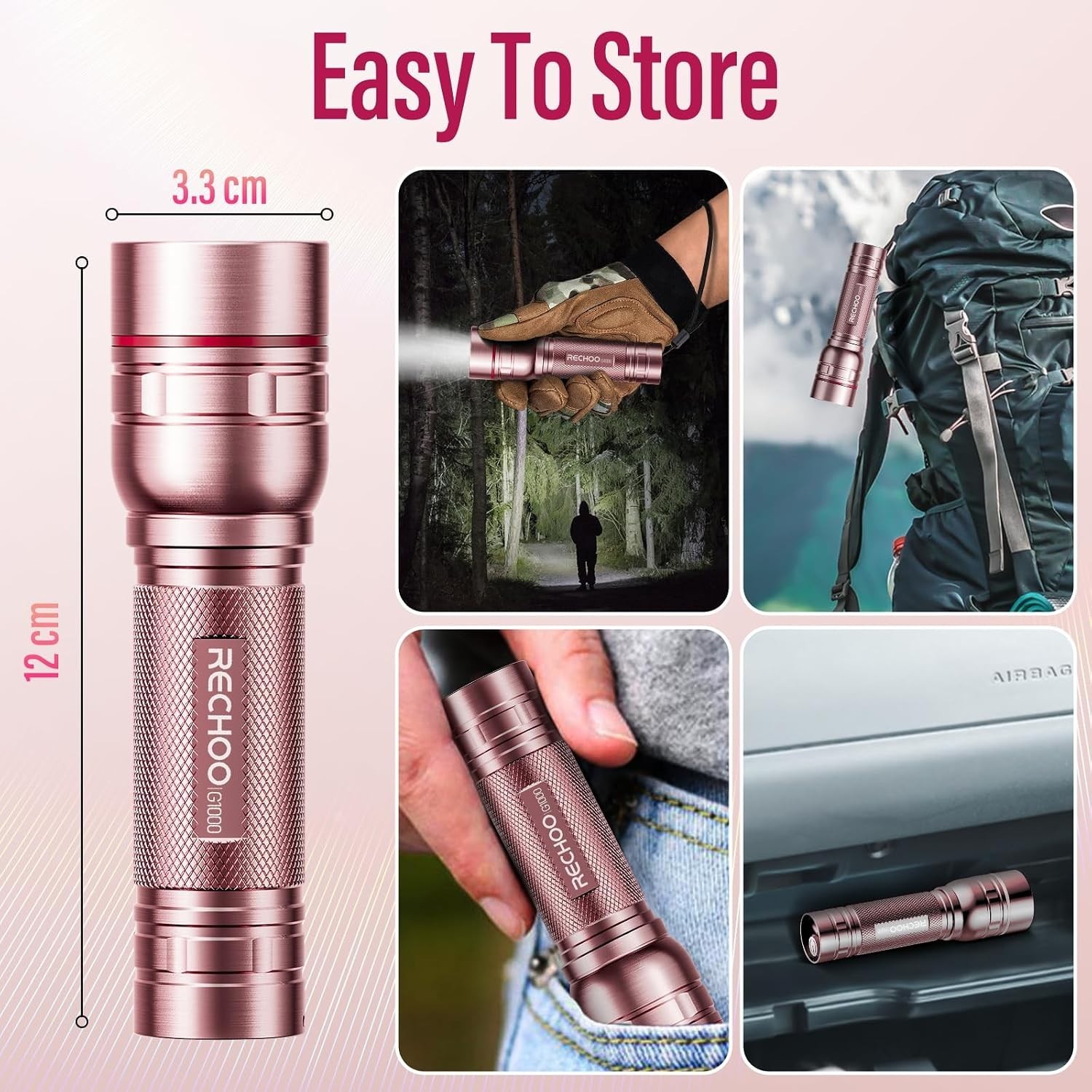Portable Tactical Flashlight – 3 Lighting Modes, Zoomable and Rechargeable, Pink