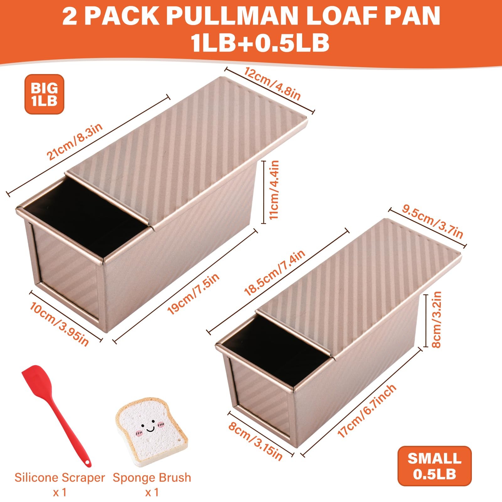 CFGUK 2 Pack Pullman Loaf Pan with Lid, 1 lb/0.5 lb 1lb+0.5lb, Rose Gold