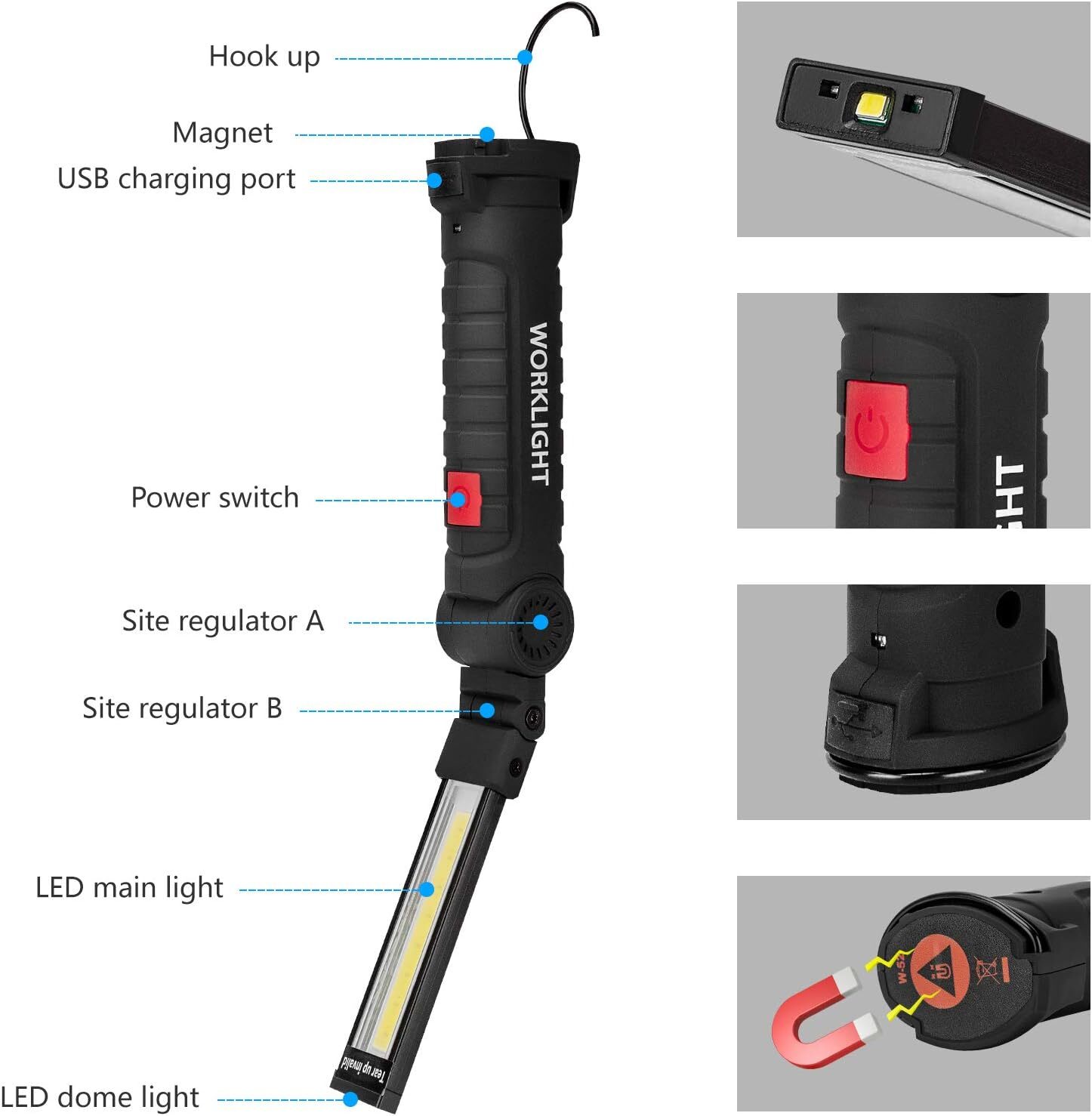 Rechargeable COB LED Slim Work Light Lamp Flashlight Inspect Folding Torch