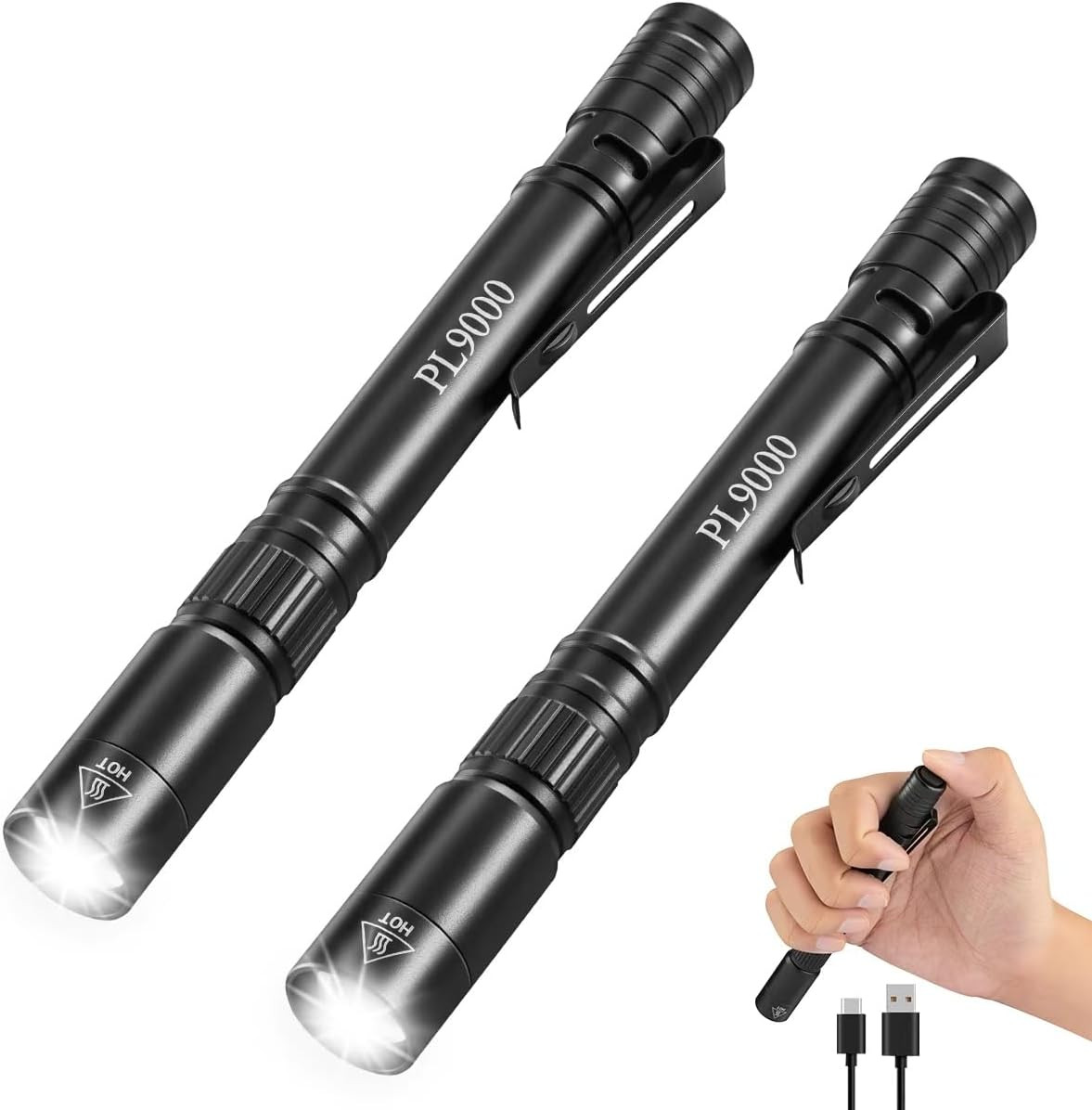 2Pack Pen Flashlight Rechargeable PL9000, 5Mode Bright Pen Light Flashlight High