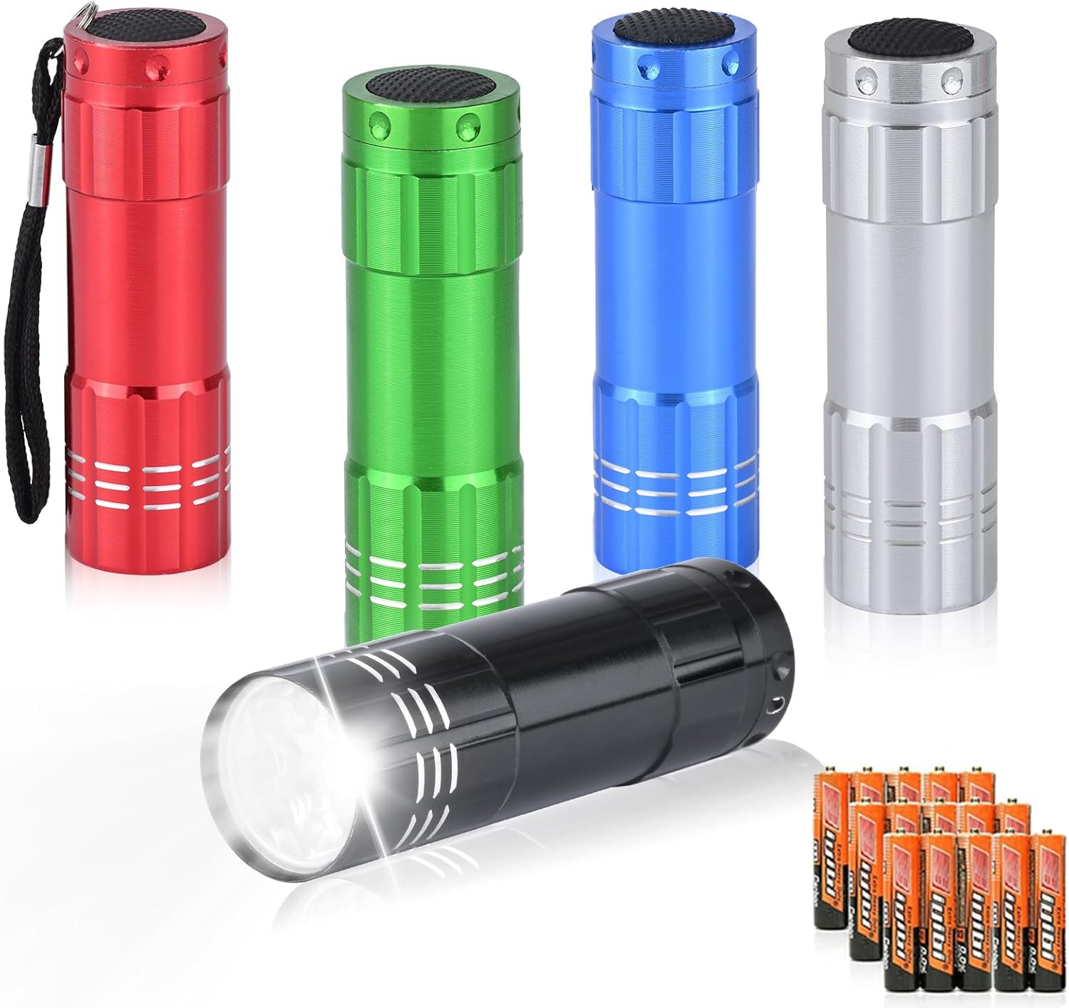 5 Pack of Flashlights 9 LED Mini Aluminum Flashlight Bulk with Lanyard 15 AAA Ba