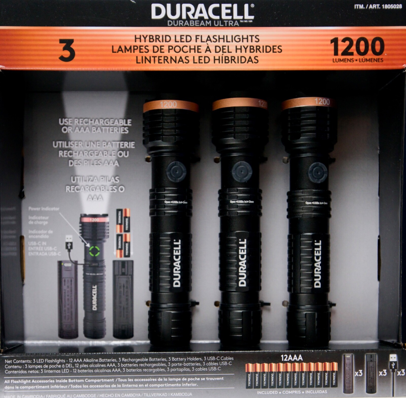Duracell Ultra Hybrid LED Flashlights 1200 Lumens Rechargeable or AAA, 3 Pack