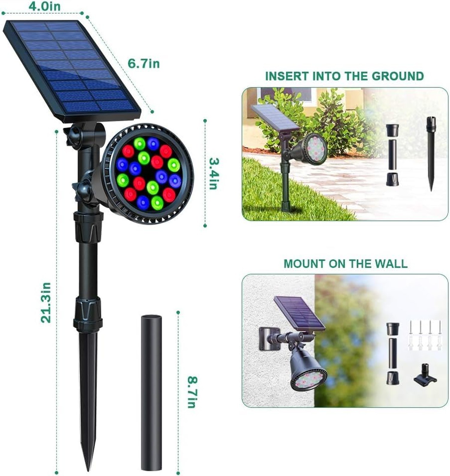 Solar Spot Lights Outdoor, 9 Color Modes, 18 LED Spotlight, 600LM Landscape L…
