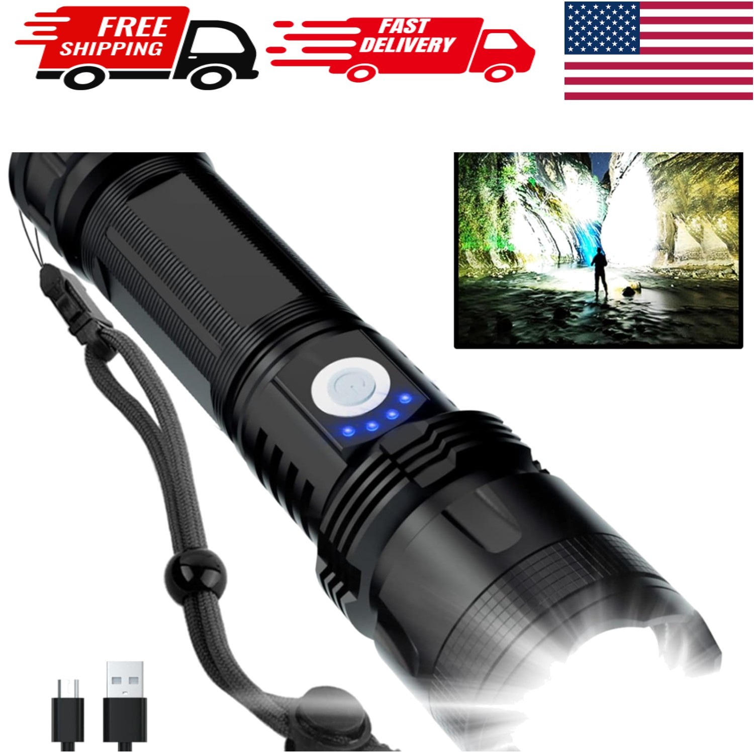 90000 Lumens Rechargeable Tactical Flashlight – Waterproof & Powerful LED Light