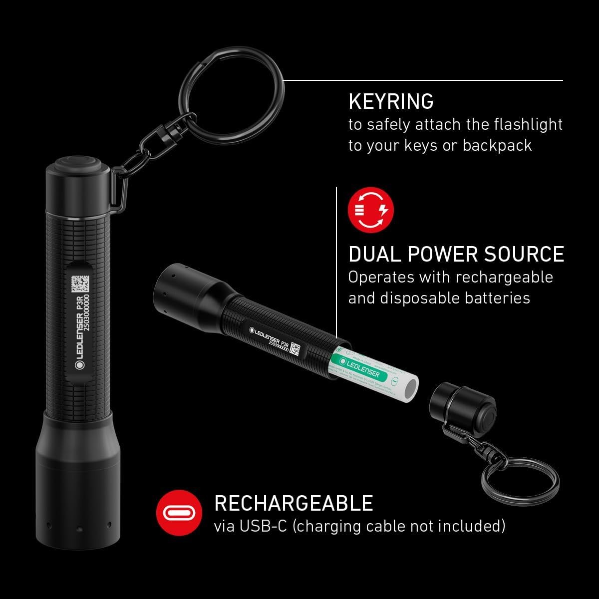 P3R Keychain Flashlight Black Aluminum 41 g 200 Lumens 130 m Beam Distance