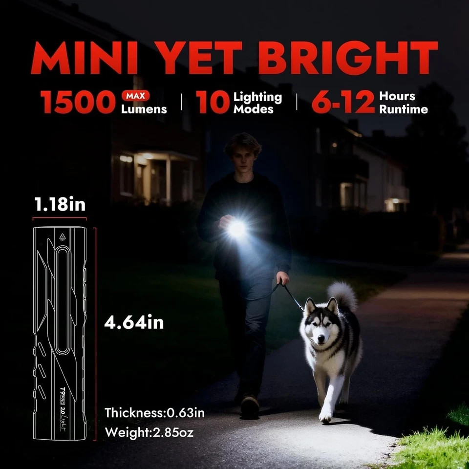 WARSUN T9 PRO EDC Flashlight – 1500 Lumens Rechargeable LED Flashlight with Ma