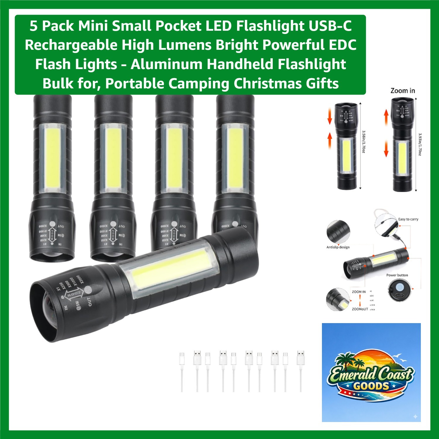 5 Pack Mini Small Pocket LED Flashlight USB-C Rechargeable High Lumens Bright…