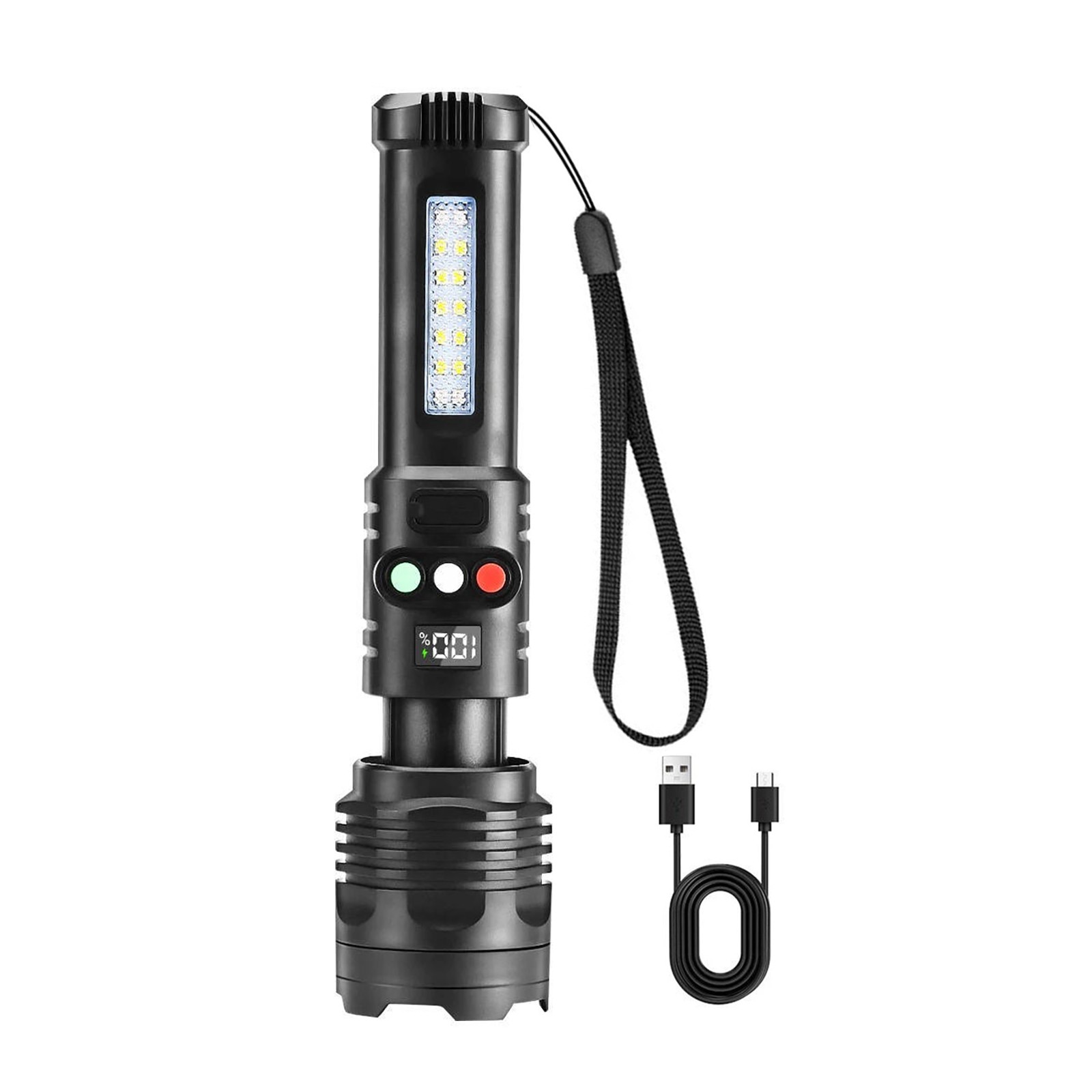 Rechargeable LED Flashlight 3 Color Modes Red Green White 300 Lumen Type C