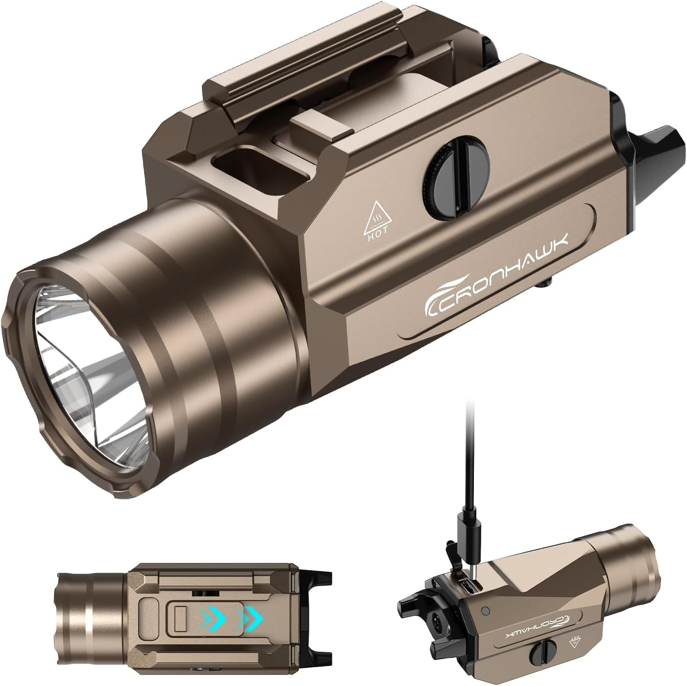 Rechargeable Pistol Light, 1350 Lumen Pic Rail Mounted Flashlight with Strobe, F