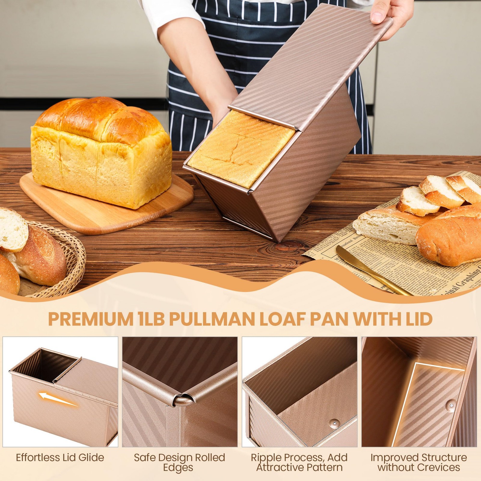 Yupjlia Pullman Loaf Pan with Lid, Premium 1 Large, 1LB Dough Capacity, Gold