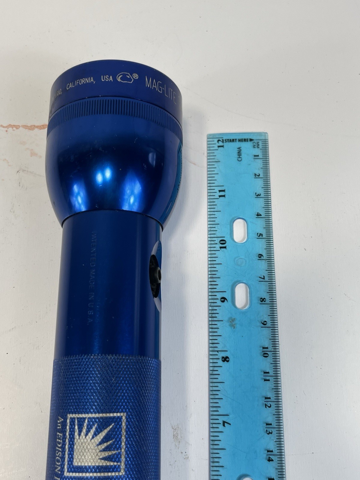Mag-Lite Flashlight 12″ Long Blue Works Branded Missing On-Off Button 3 D Batter