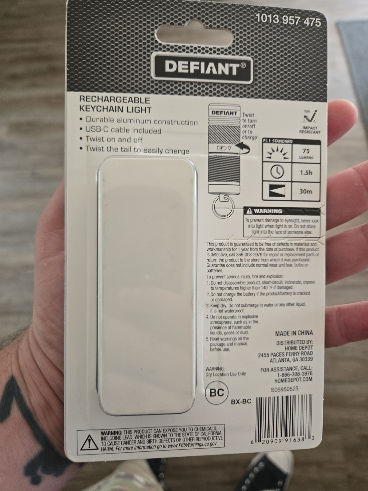 Defiant Rechargeable Keychain Flashlight USB-C Black 75 Lumens Aluminum LED