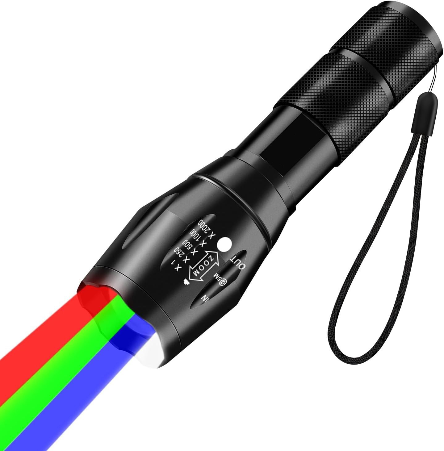 MULTICOLOR TACTICAL ZOOMABLE FLASHLIGHT with Red Green Blue White Light, 4 in 1