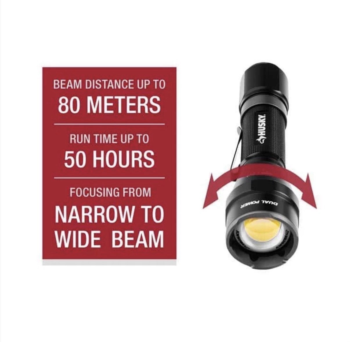 Husky 1800 Lumens Dual Power LED Rechargeable Tactical Focusing Flashlight