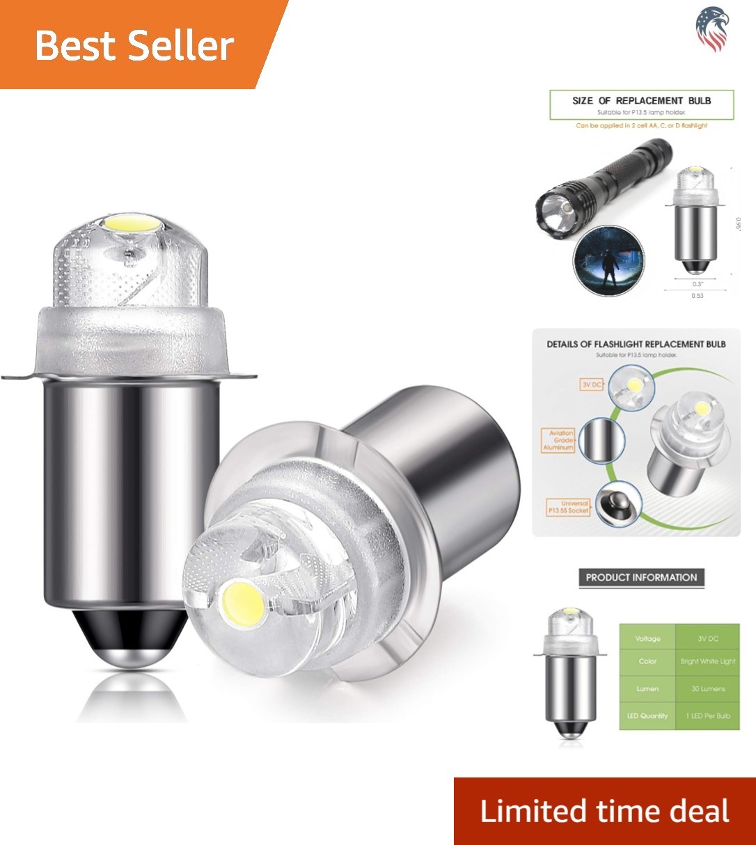 2Pcs 3V P13.5S LED Flashlight Bulb Replacement 30 Lumen for AA C D Cell Flash…