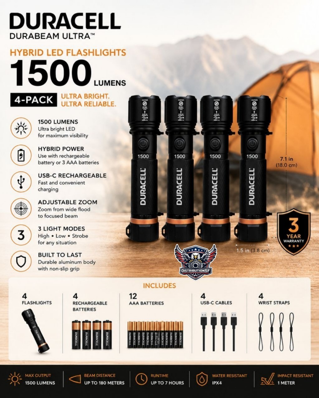 Duracell Durabeam Ultra Hybrid LED Flashlights 1500 Lumens 4-Pack USB-C