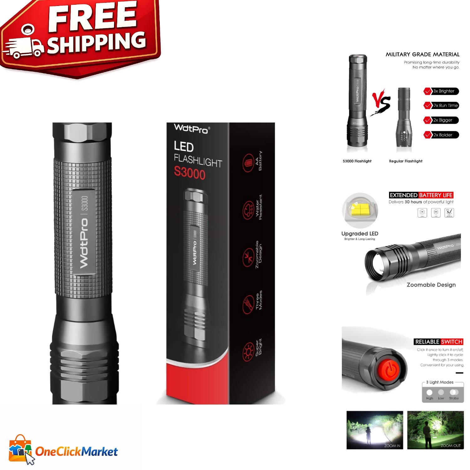 Durable S3000 Flashlight – Super Bright 1600 Lumens, 3 Modes, Lightweight Design