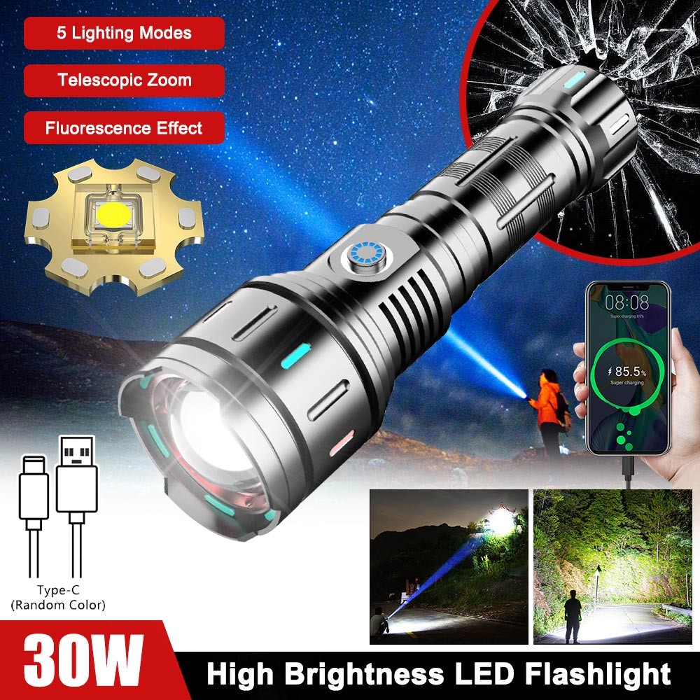 30W Strong White Laser LEP Flashlight Torch Zoomable USB Charging With Luminous
