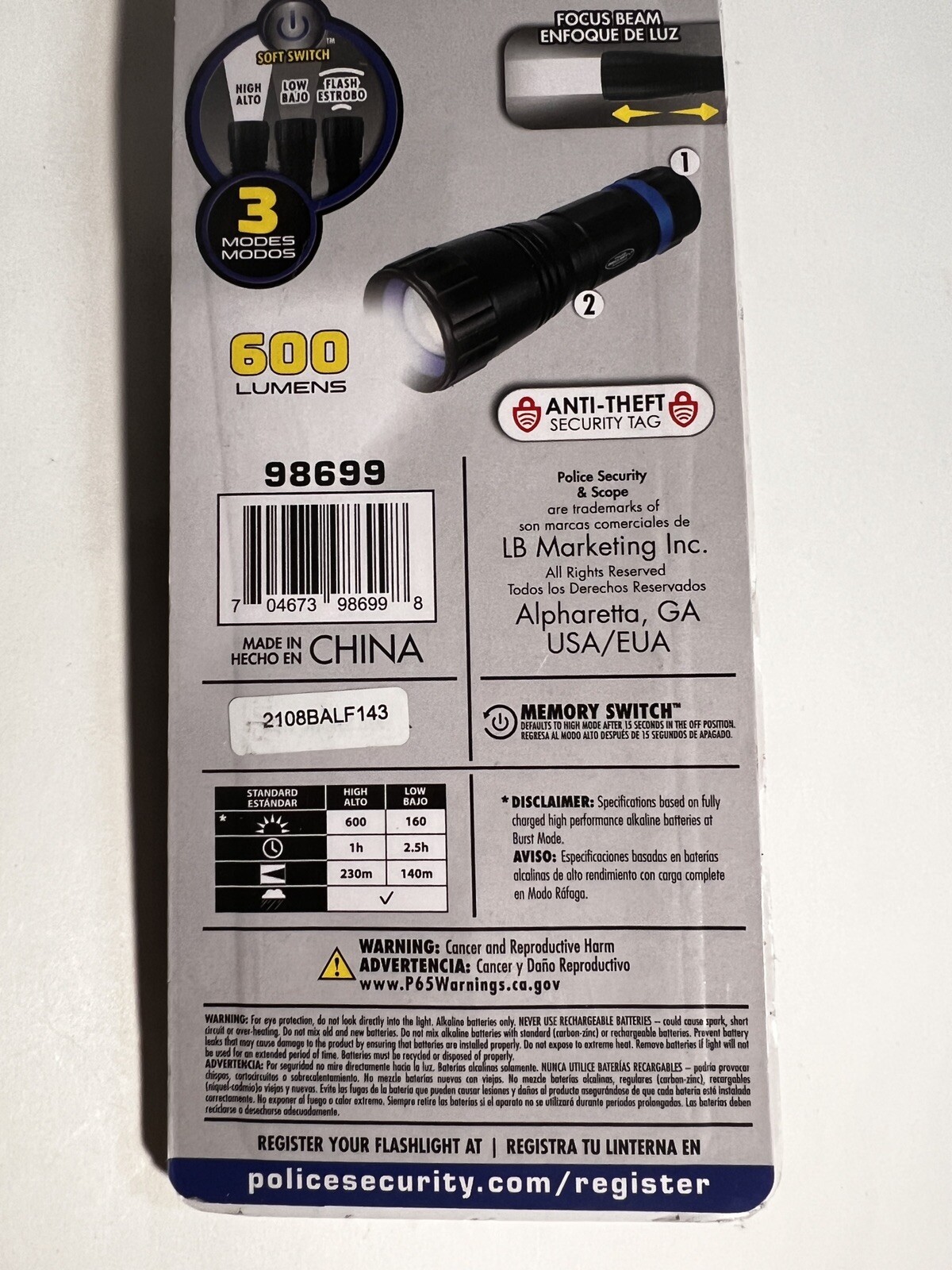 Handheld Police Security 5″ Flashlight Scope 600 Lumens Slide Focus #98699