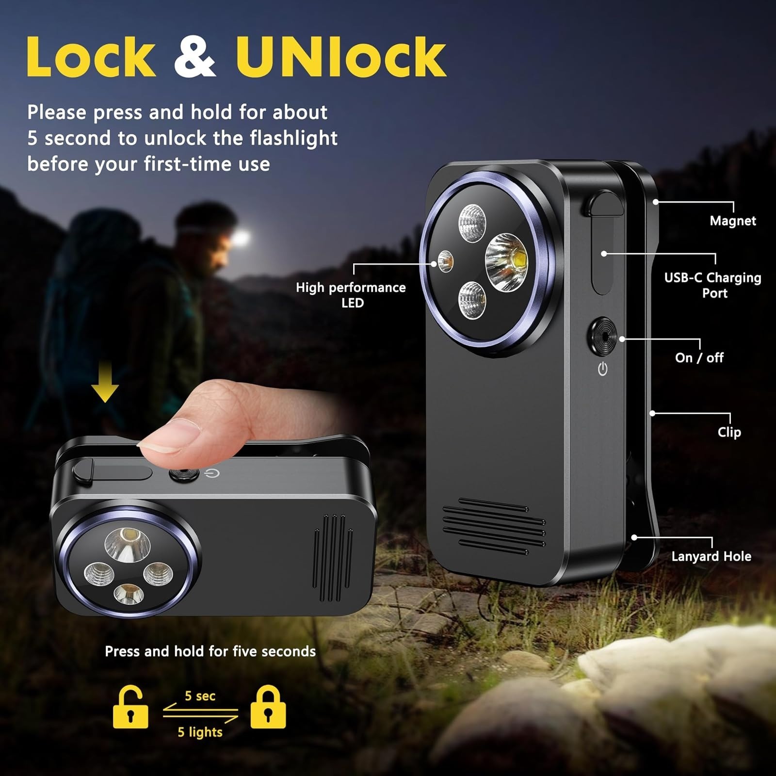 YOZYU Clip-on Flashlight 600 Lumens Waterproof LED Rechargeable
