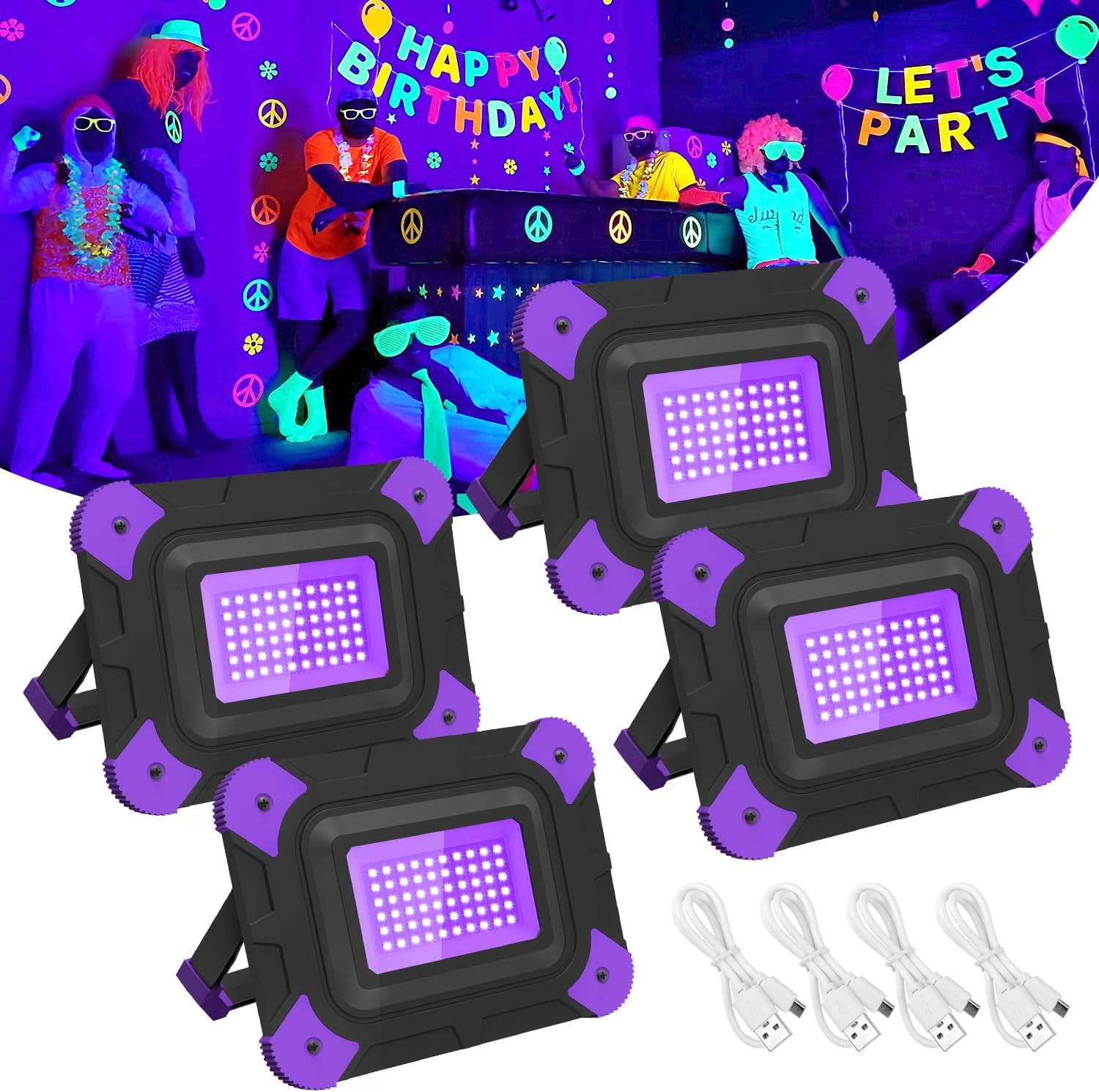 Portable Rechargeable Black Lights for Fishing & Glow Parties – 4 Pack