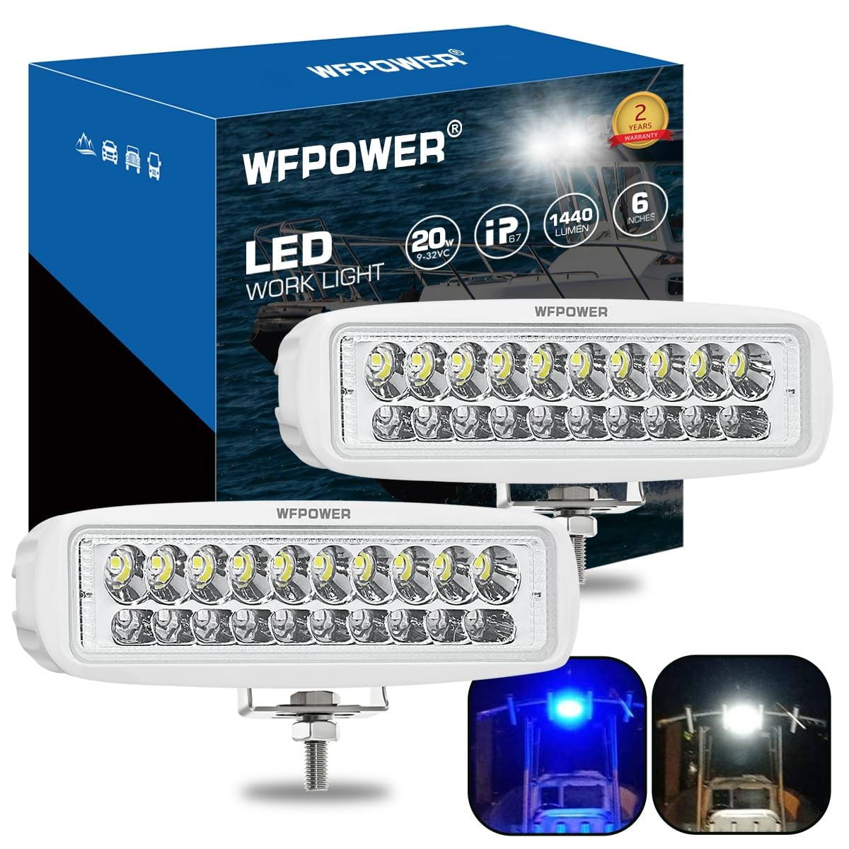 WFPOWER LED Marine Boat Lights, 6.3Inch White & Blue Spreader 2 In 1 Deck Spot L